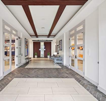 a lobby with white walls and glass doors and a plant