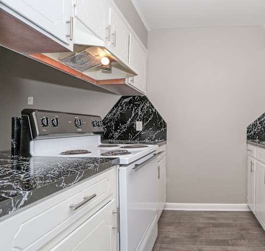 A kitchen with white cabinets, a stove top oven, sink, and dishwasher at Orleans Square in Shreveport, LA