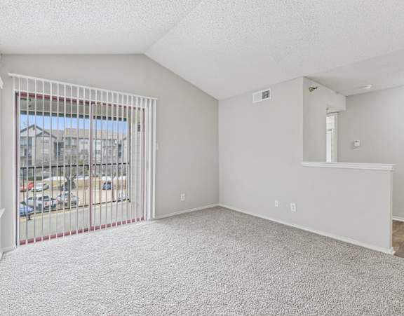 B1 living room with plush carpet and sliding door leading to private balcony at Jefferson Place apartments in Irving, TX