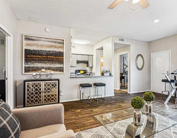 Spacious living room at Laurels of Sendera apartments in Arlington, TX