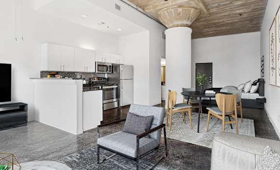 Adam Hats Lofts staged living space. Apartments in Dallas, TX