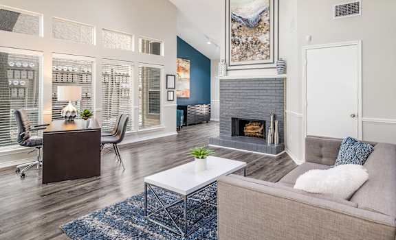 Leasing Office Seating Area with Fireplace at The Park on Preston Apartments in Dallas, TX