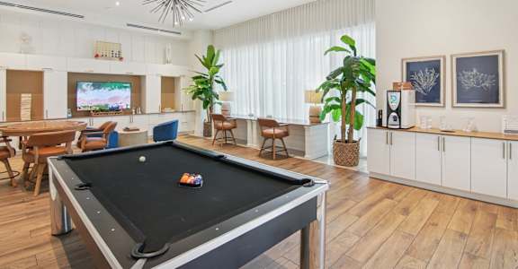 A pool table is in the middle of a room with a TV, chairs, and plants.