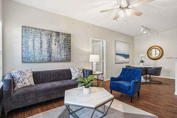 Modern living room at Southwestern Medical Park apartments in Dallas, TX