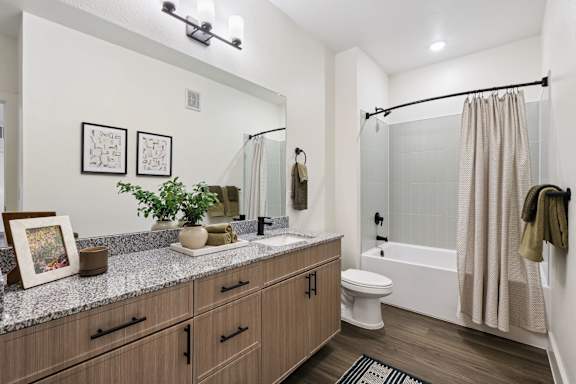 A bathroom with a white toilet, a sink, a mirror, and a shower.