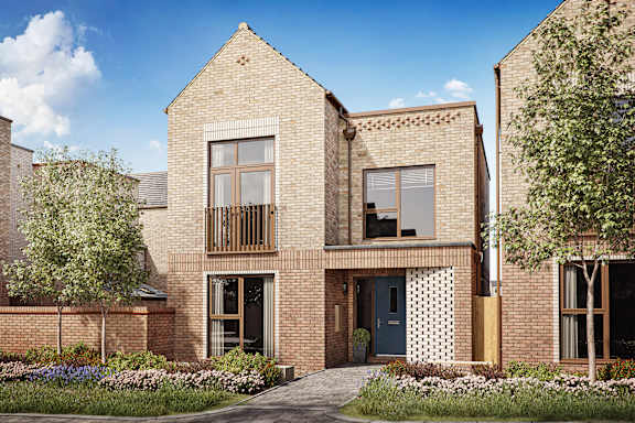 A modern brick house with a blue door and windows.