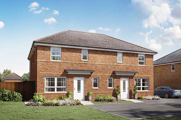 A red brick house with a white door and windows.