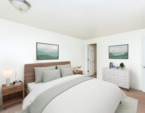 a bedroom with a bed and a dresser at Township Eastside, Portland, OR, 06489
