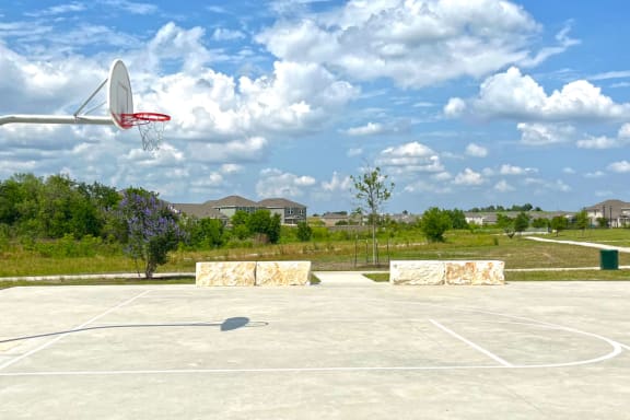 a basketball court in a park with houses in the background