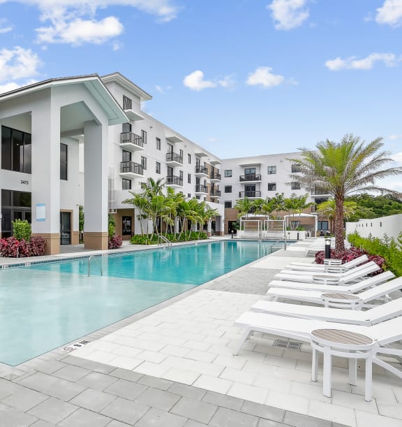 a swimming pool with white lounge chairs and palm trees in front of a white building at Westgate on University in Lauderhill, FL