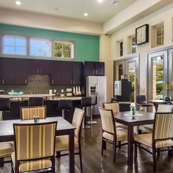 Clubhouse kitchen with coffee and tea station at Oakleaf Plantation in Jacksonville, FL