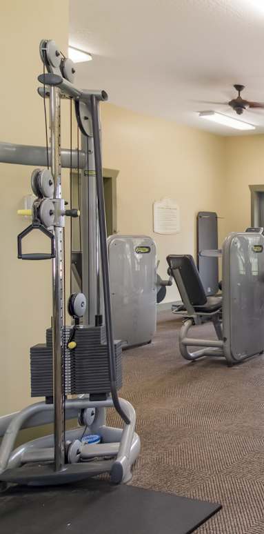 A gym with a variety of equipment including treadmills, weights, and exercise machines.