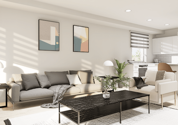 a living room with a couch and a table