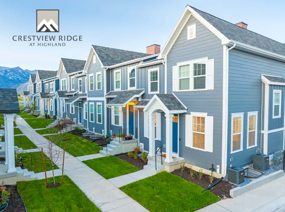 a row of blue houses on a city street