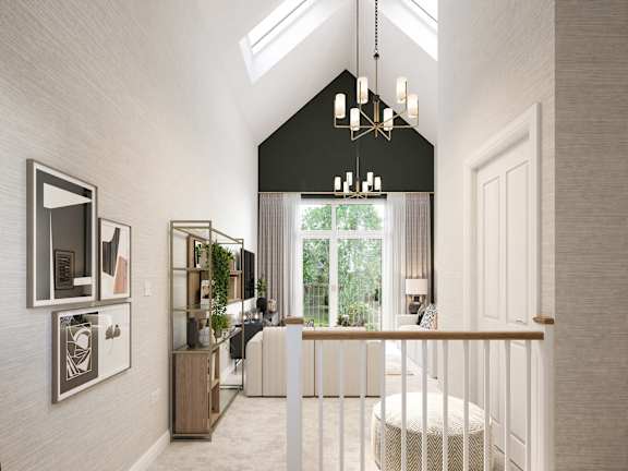 A modern interior with a skylight, a chandelier, and a white sofa.