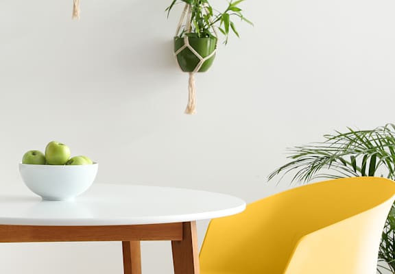 Stock image of dining table with decorative plants at THE EDGE Apartments, DAVIS, California