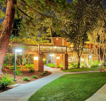 a night time view of a yard with benches and a pool