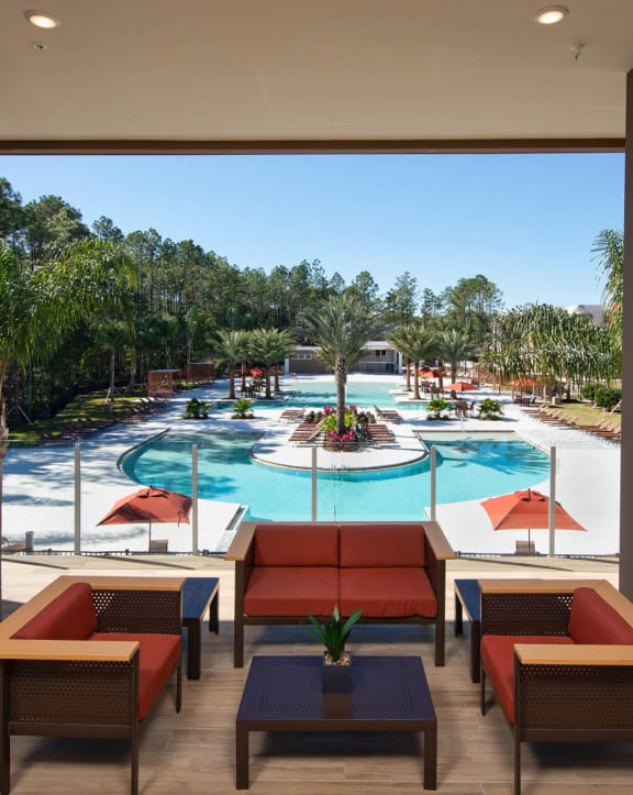 a view of the pool from the lobby at Luxor Club, Jacksonville, Florida 32258