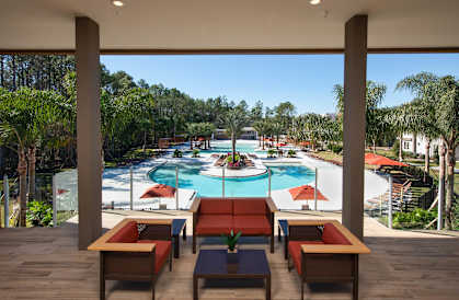 a view of the pool from the lobby at Luxor Club, Jacksonville, Florida 32258