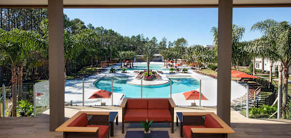 a view of the pool from the lobby at Luxor Club, Jacksonville, Florida 32258