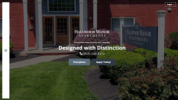 A website banner for Hallwood Manor Apartments with a phone number and a call to action button.