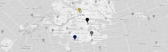 a screenshot of a map with different colored pins on it