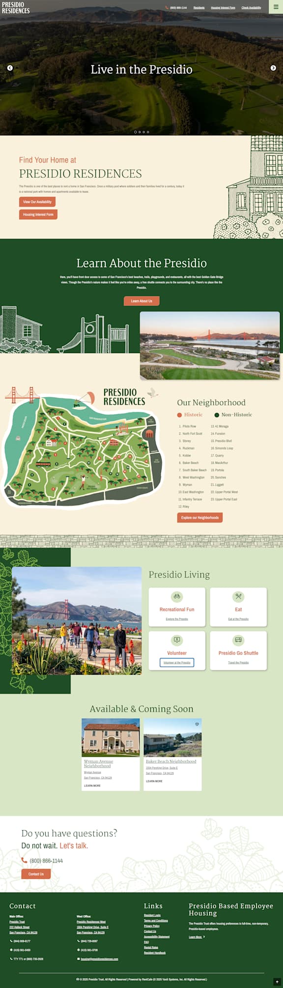 A webpage for Presidio Residences with a green and white color scheme.