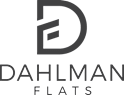 A black and white image of a logo for Dahlman Flats.
