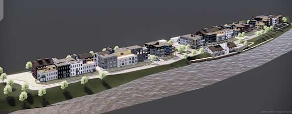 A computer-generated image of a row of buildings along a waterfront.