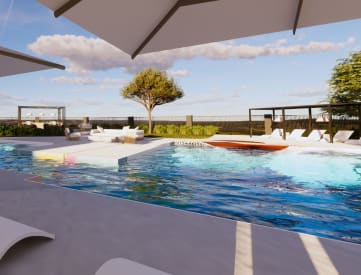 a rendering of the rooftop pool at the hillcrest apartments in los angeles