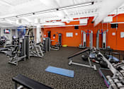 Thumbnail 20 of 21 - A gym with a variety of equipment including treadmills, weights, and exercise machines.