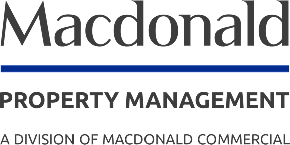 The image is a logo of Macdonald Property Management, a division of Macdonald Commercial.