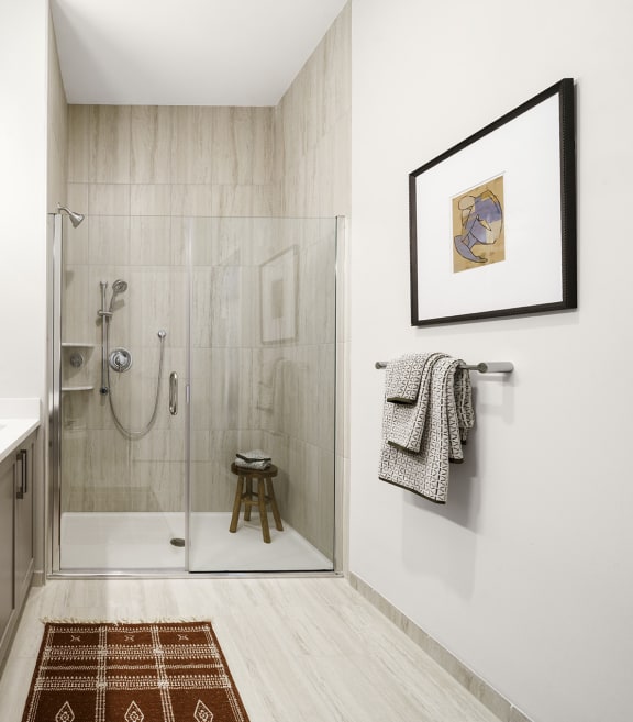 a bathroom with a shower and a sink and a mirror at The Ivy, New Jersey