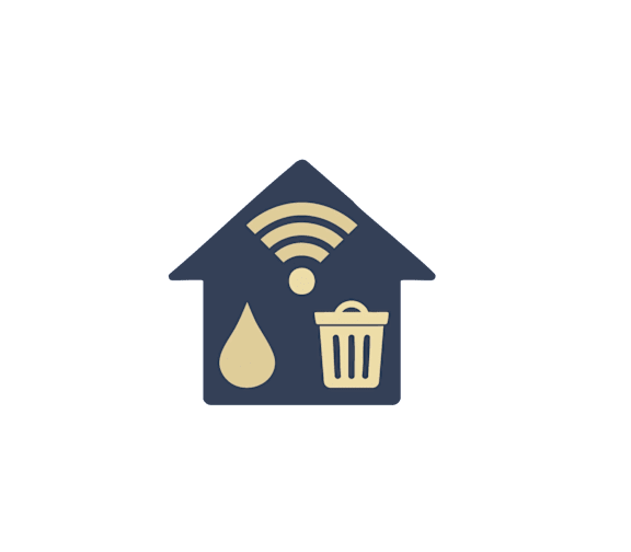 A house icon with a Wi-Fi signal, a water droplet, and a trash can symbol.