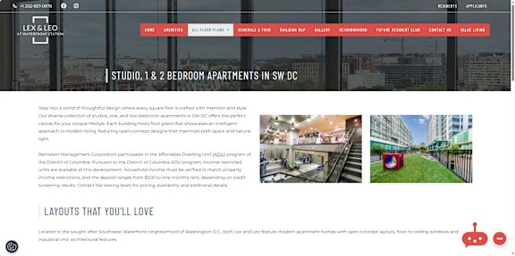A webpage showcasing modern apartment layouts with images of interior designs.