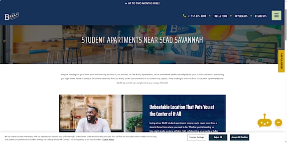 A webpage with a blue header and a section titled "STUDENT APARTMENTS NEAR SCAD SAVANNAH" with a description and an image of a man in a white shirt.