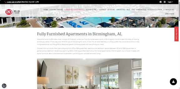 A webpage header for a fully furnished apartment in Birmingham, AL.