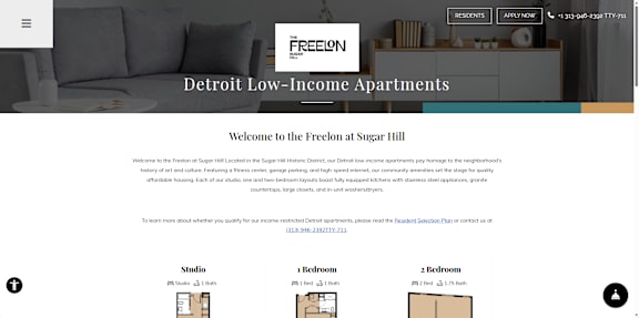 A webpage for Freeton at Sugar Hill apartments in Detroit.