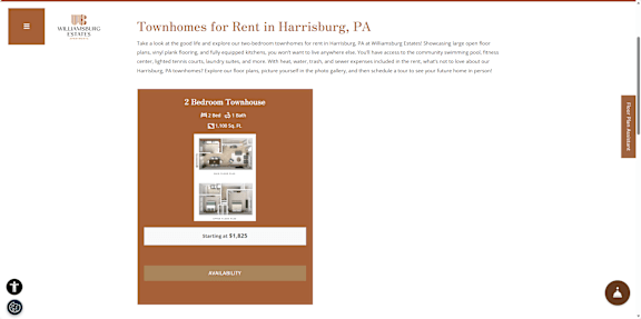 A webpage advertising 2 bedroom townhouses for rent in Harrisburg, PA.