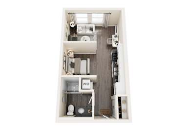 Floor Plan  A 3D floor plan of a small apartment with a kitchen, living room, and bathroom.
