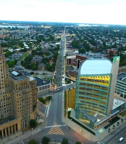 an aerial view of the city with the city hall and the