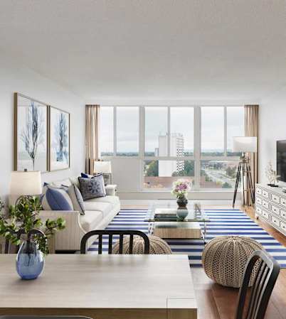Staged living and dining  room with contemporary furniture