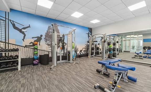 fitness center with free weights at HighPoint apartments