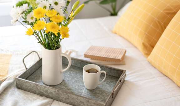 A tray with coffee and flowers at The Highlands Apartments, Charlotte, North Carolina