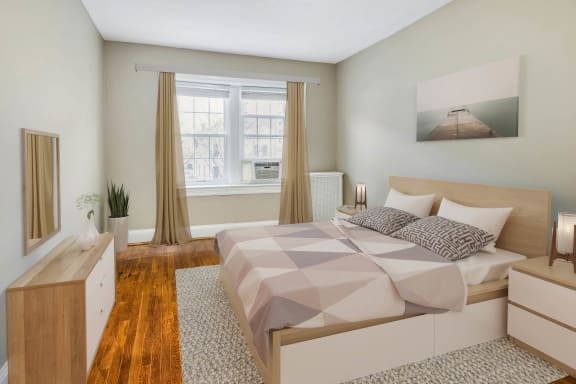 a bedroom with a large bed in a room