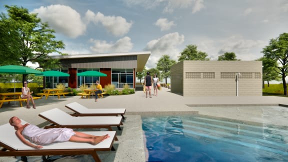 a rendering of a house with a pool and people in it