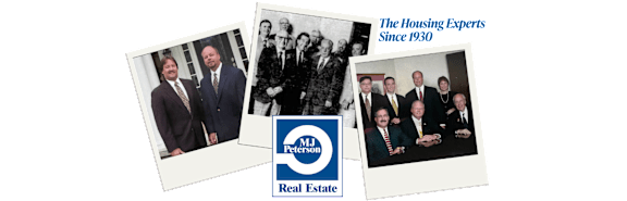 Three Polaroid pictures of people with the MJ Peterson Real Estate logo in the middle.