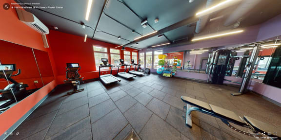 a workout room in a gym with weights and cardio equipment