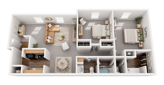 A 3D floor plan of a house with a living room, kitchen, dining room, and bedrooms.