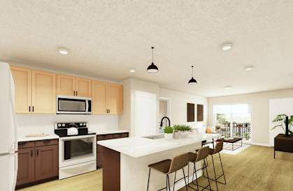 a kitchen and living room with a large white island with a white countertop at Pinehurst Apartments, Minnesota, 56425